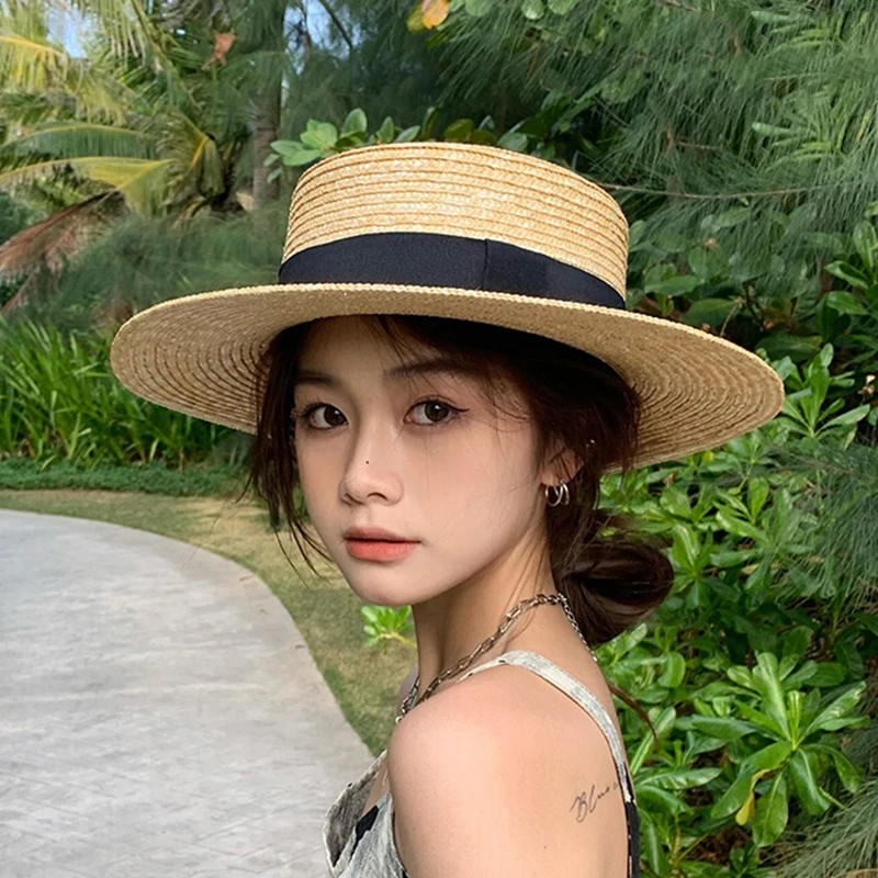 

Шляпа женская Соломенная с широкими полями, модная Солнцезащитная Панама из натуральной кожи, Пляжная головная уборка, чёрная, летняя