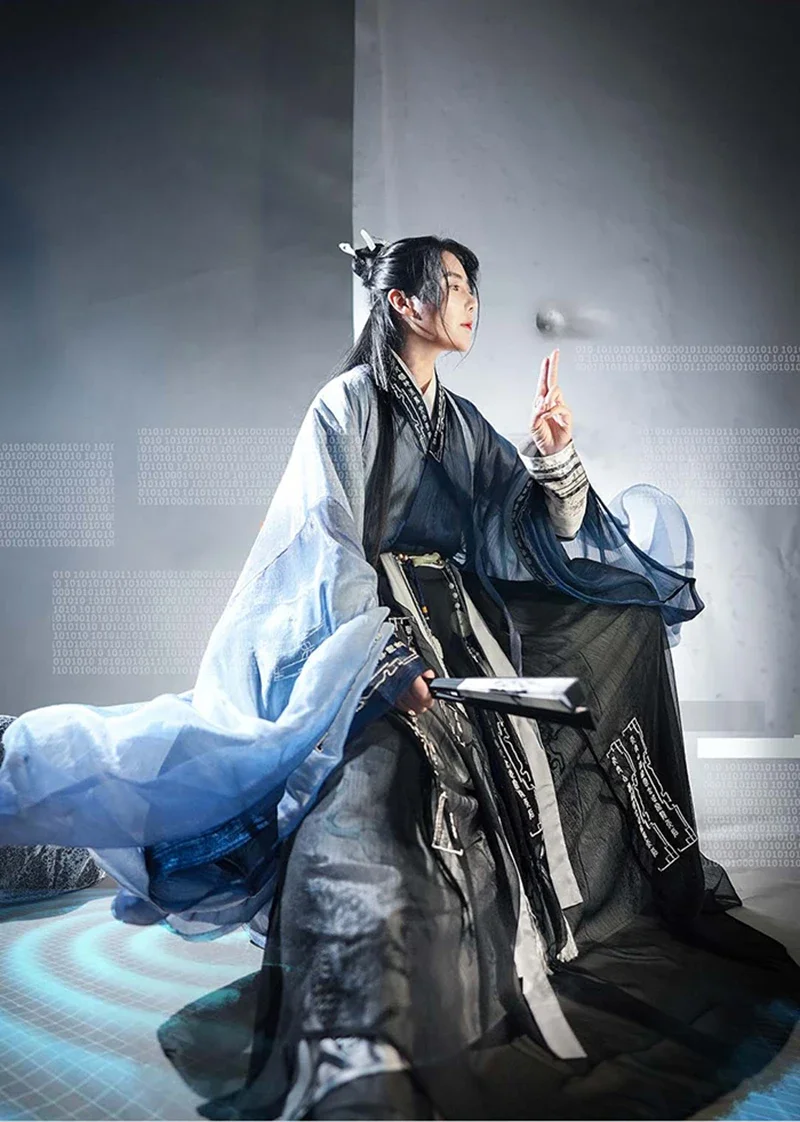 Градиентный синий Hanfu для мужчин и женщин старинный китайский ханьфу черный