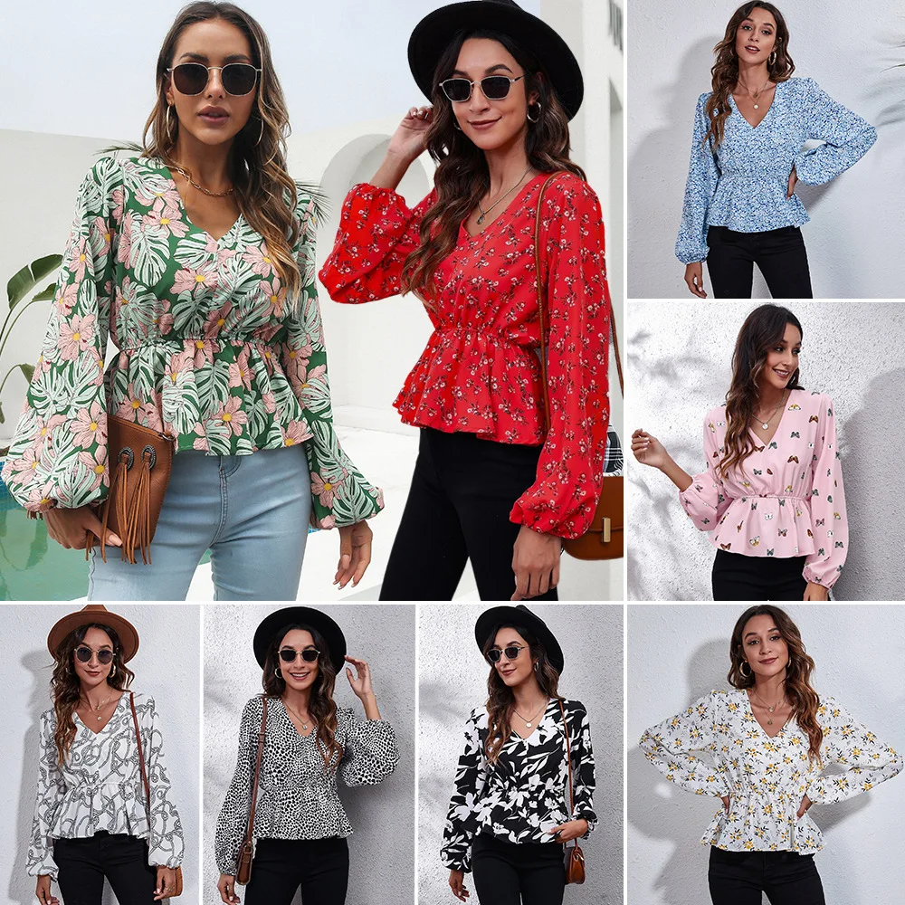 

Women's Floral Print Lantern Long Sleeved Chiffon Shirt V-Neck Waisted Lattice Spring and Autumn Small Tops