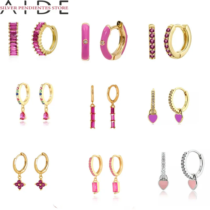 

AIDE 925 Sterling Silver Hoop Earrings For Women Trendy 2022 Rose Red Zircon Huggie Earring Jewelry Pendientes Mujer Party Gifts
