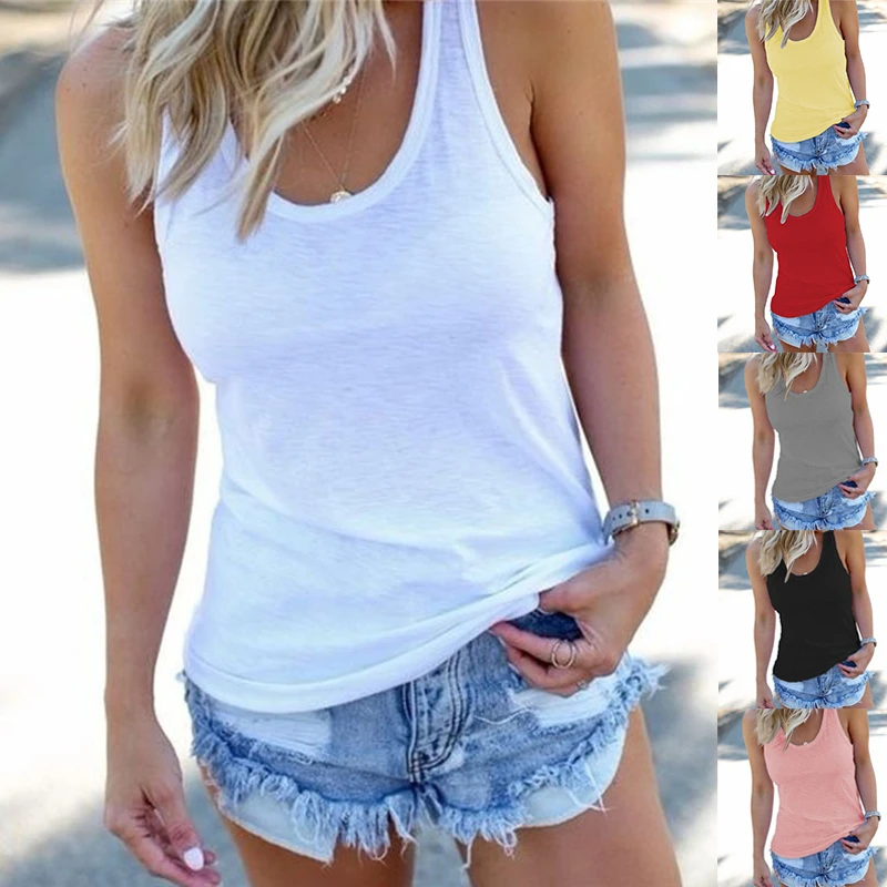 

Women Casual Tank Tops Sleeveless Short 2022 Summer Female O-Neck Solid Color Vest Tanks Fashion Skinny Crop Top