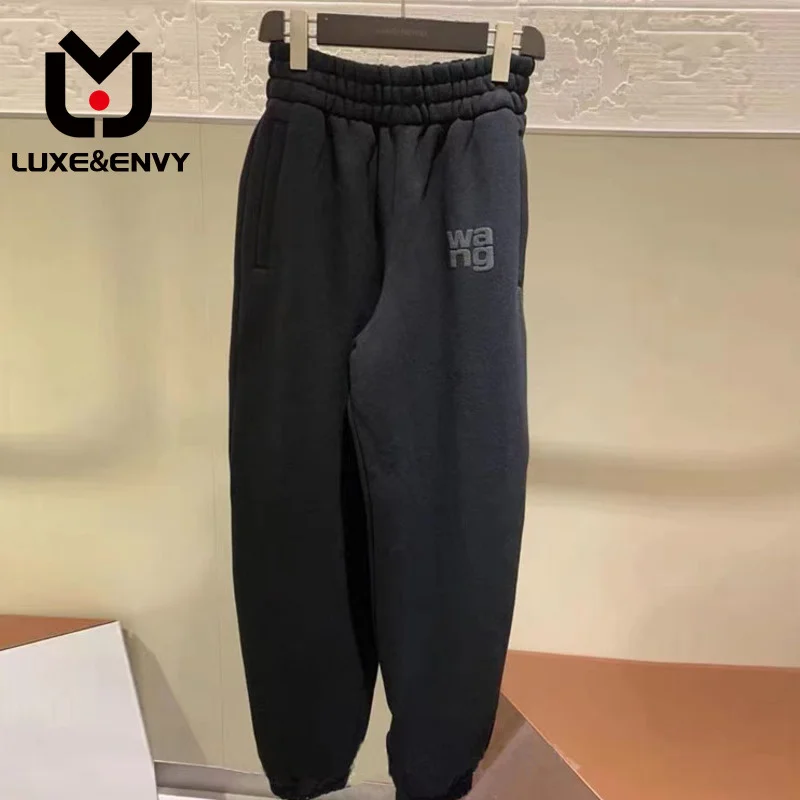 

Luxe&envy Wang 2023 Autumn and Winter New Plush Flocked Letter Legged Pants Female Couple High Waist Leisure Pants