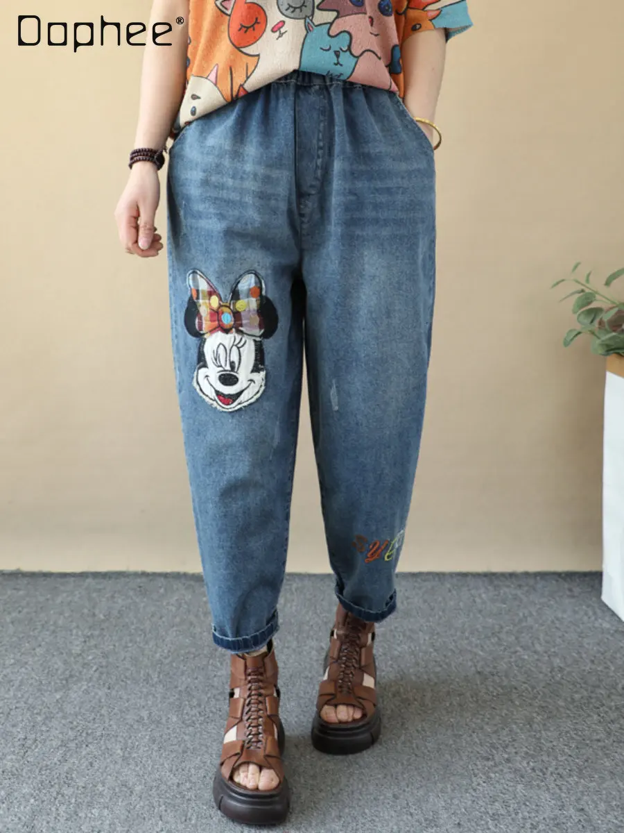 

2023 Spring New Cartoon Paste Cloth Embroidery Cropped Jeans Female Loose-Fitting Curl Capri Harem Pants Women Clothing