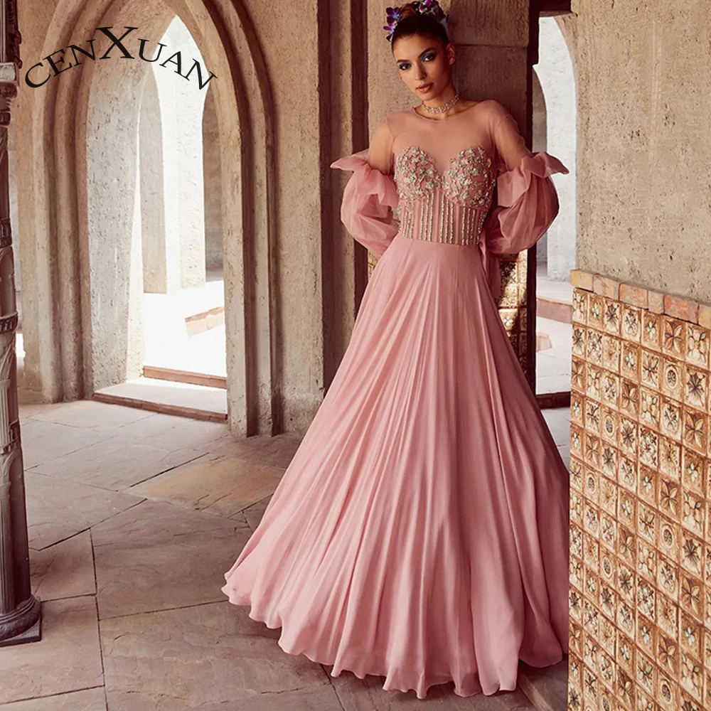 

Cenxuan Charming Chiffon Scoop Sparkly Rhinestones Illusion Pleat Appliques Evening Party For Women Custom Made Robes De Soirée