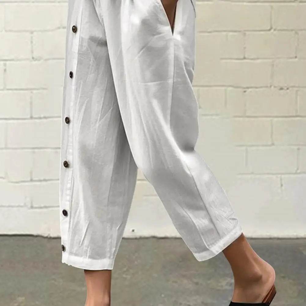 

Mid Waist Pants Stylish Women's Mid Waist Breathable Trousers with Button Decor Casual Pockets Soft Elastic for Comfortable