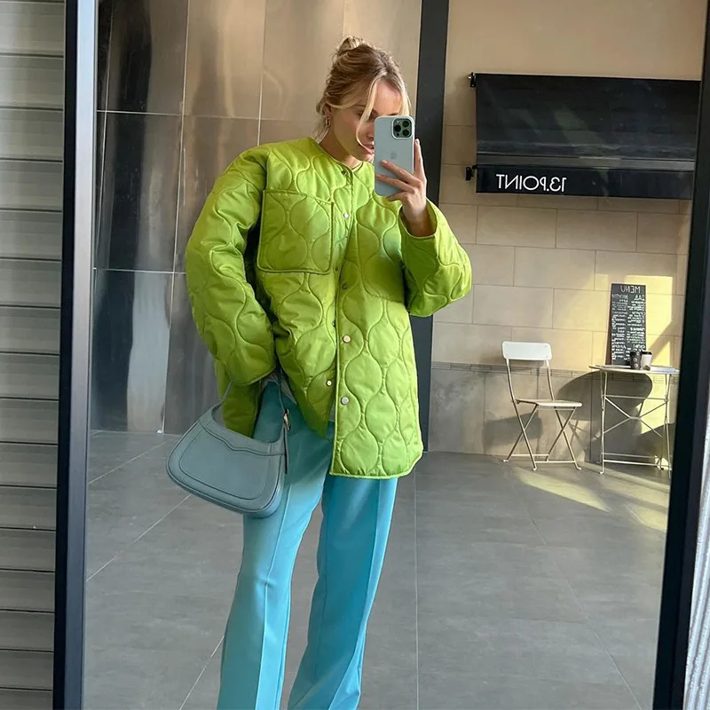 Casual Button-Up Quilted Winter Jacket Women 2022 Long Sleeve Top With Pockets Green Loose Streetwear Cotton Coats Outerwear