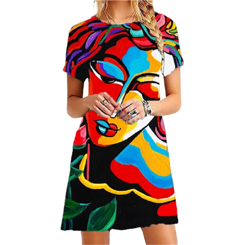 

2022 Women's 3D Abstract Painting Print Casual Mini Dress O Neck Short Sleeve Summer Mini Dress