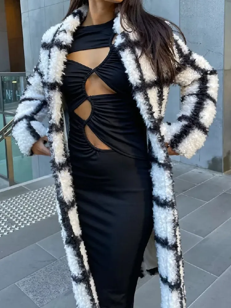 2022 Winter Lapel White Black Plaid Hairy Shaggy Faux Fur Long Teddy Coat Woman Shearling Fluffy X-Long Jackets  Warm Outerwear