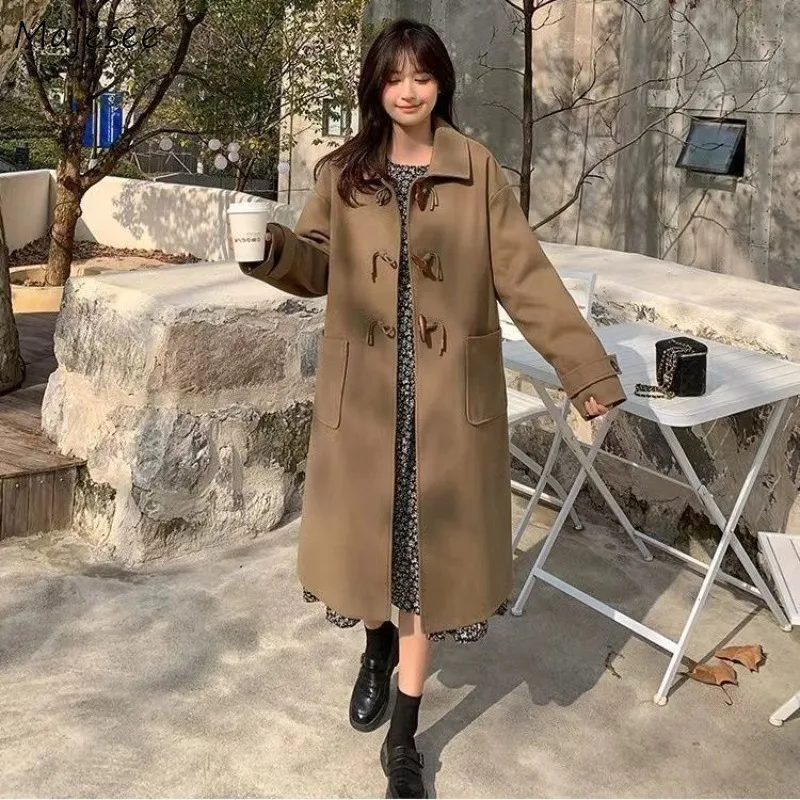 

Blends Women Kpop Vintage Simple Solid Outwear Loose Autumn Chic Horn Button Turn-down Collar Leisure Trendy Date All-match Ins