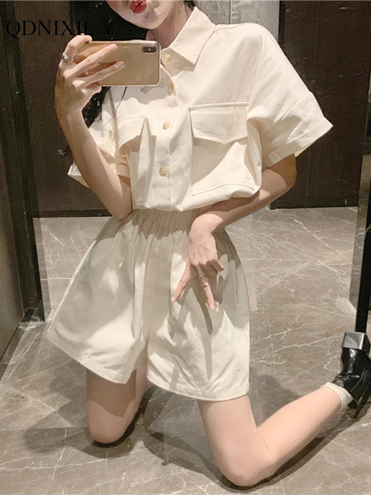 

2022 Summer Korean Fashion Sweet Women Shorts Set Casual Elegant Slim Short Sleeve Shirt High Waist Wide Leg Shorts 2-piece Set