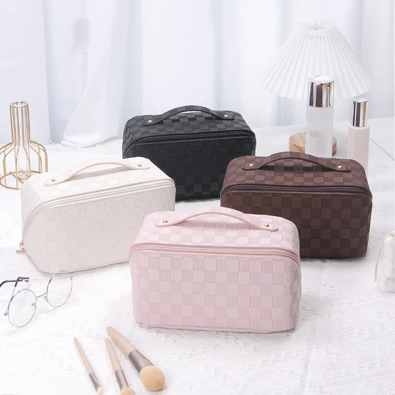 

PU Large capacity Outdoor Makeup Bag Women Cosmetic Bag Women Toiletries Organizer Waterproof Female Plaid Storage Make up Cases