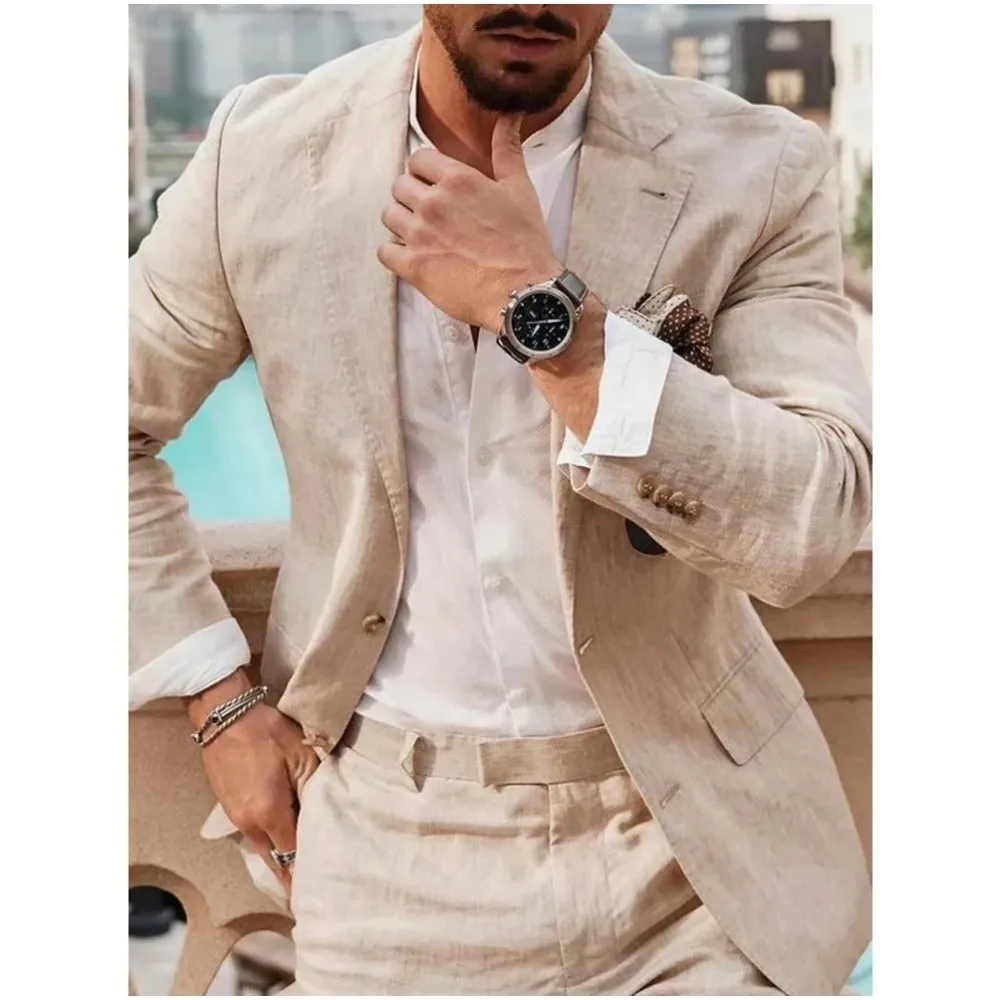 Костюм мужской льняной из 2 предметов однобортная одежда Terno для свадьбы