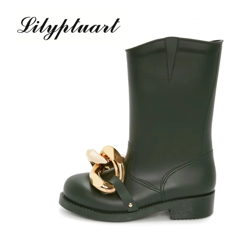 

2022New Autumn Women's Chelsea Boots Metal Chain Women's Round Toe Chunky Heels Women's Low-heeled Ankle Boots and Ankle Boots