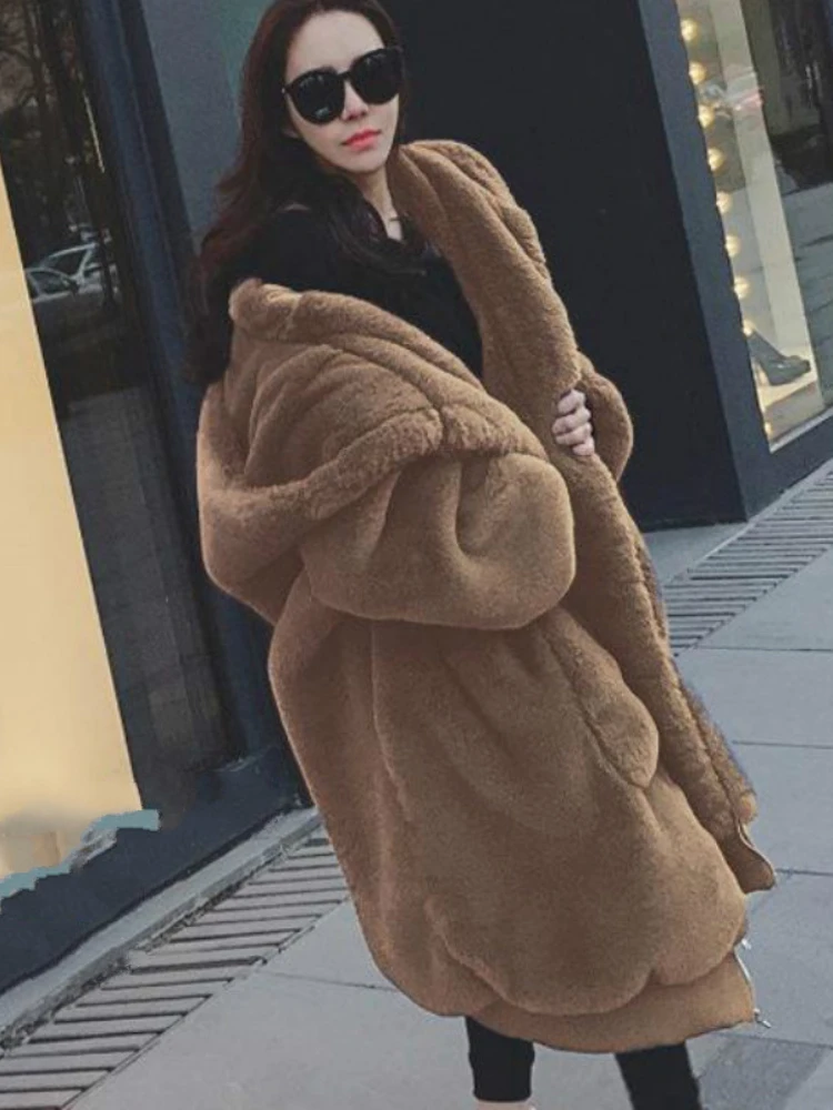 2022 Faux Fur Coat Women Casual Hoodies Furry Thick Warm Long Faux Rabbit Fur Jacket  Loose Winter Coat Women Casaco Feminino