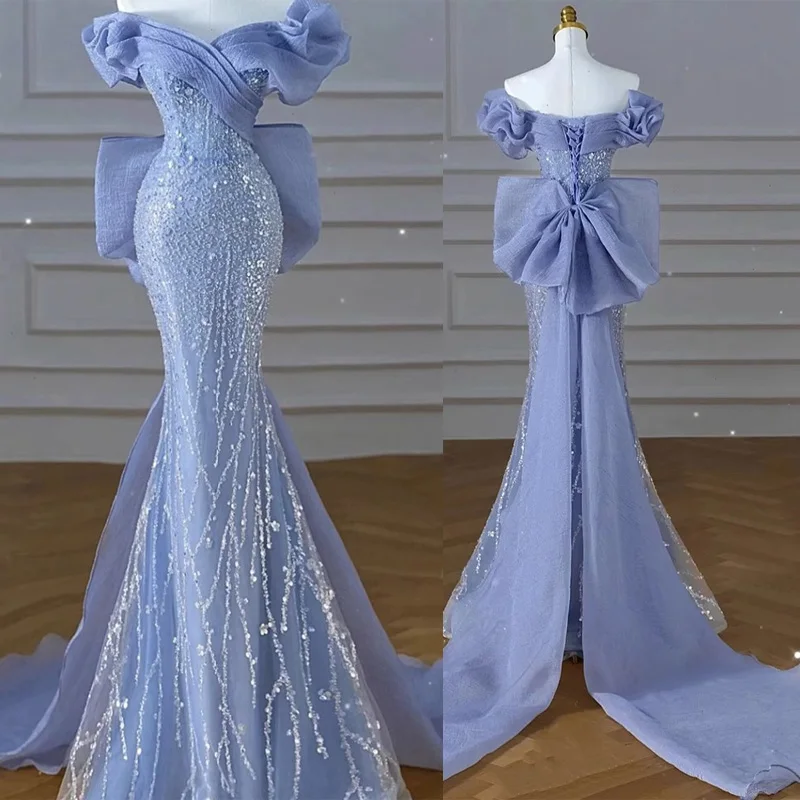 

Женское вечернее платье с блестками, синее платье с вырезом лодочкой, со складками, длиной до пола, со шнуровкой, модель B2742