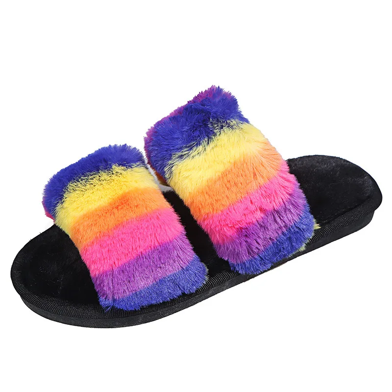 Large Size Color Wool Slippers Women Fall/winter Home Furnishing Cotton Slippers Fashion Word Slippers Women's Outer Wear