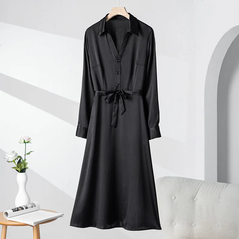 Heavy Silk Dress for Women 2023 Spring New V-Neck Long Sleeve Mulberry Silk Satin Black Skirt Medium Length