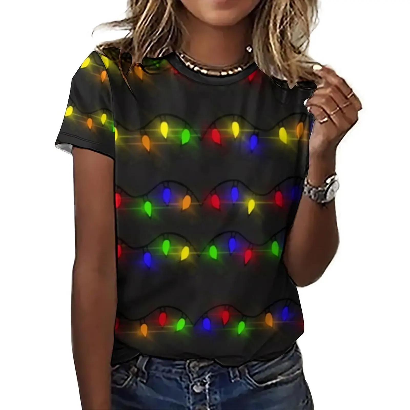 

Футболка с рождественскими огнями, красивые футболки с красочным принтом, Классическая футболка с коротким рукавом, летние топы с графическим рисунком, футболки большого размера 5XL 6XL