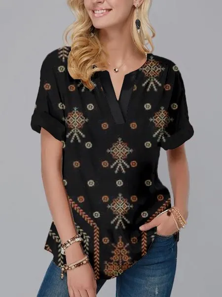 

Женская футболка с коротким рукавом и V-образным вырезом, в этническом стиле