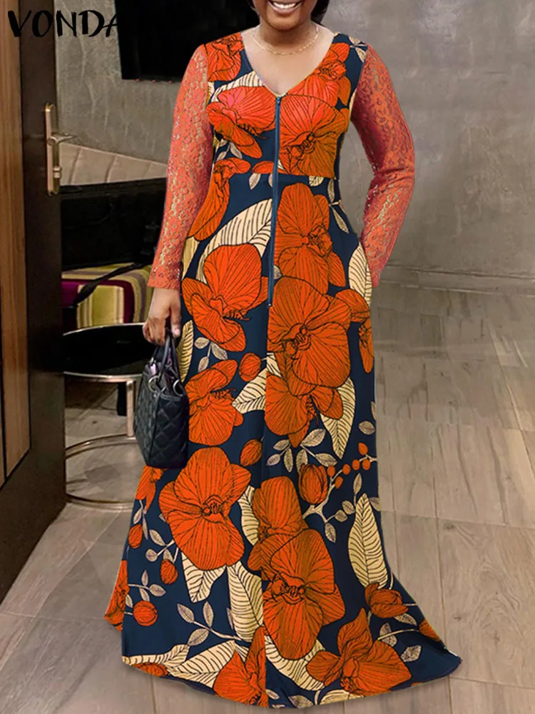 

2023 богемное женское платье VONDA с цветочным принтом, Осеннее винтажное кружевное лоскутное платье, Свободный Повседневный сексуальный сарафан с V-образным вырезом