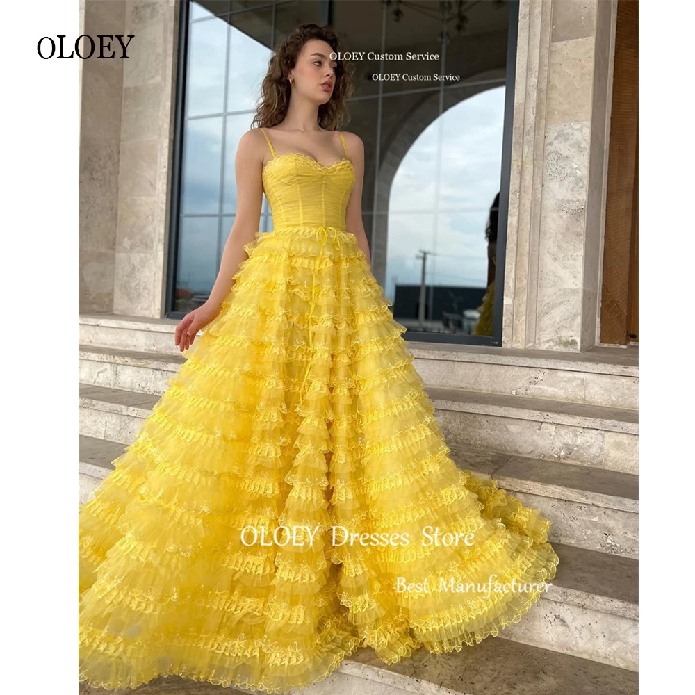 

OLOEY 2023 Yellow A Line Ruffles Organza Arabic Women Evening Dresses Spaghetti Straps Tiered Long Prom Gowns Robe de soiree