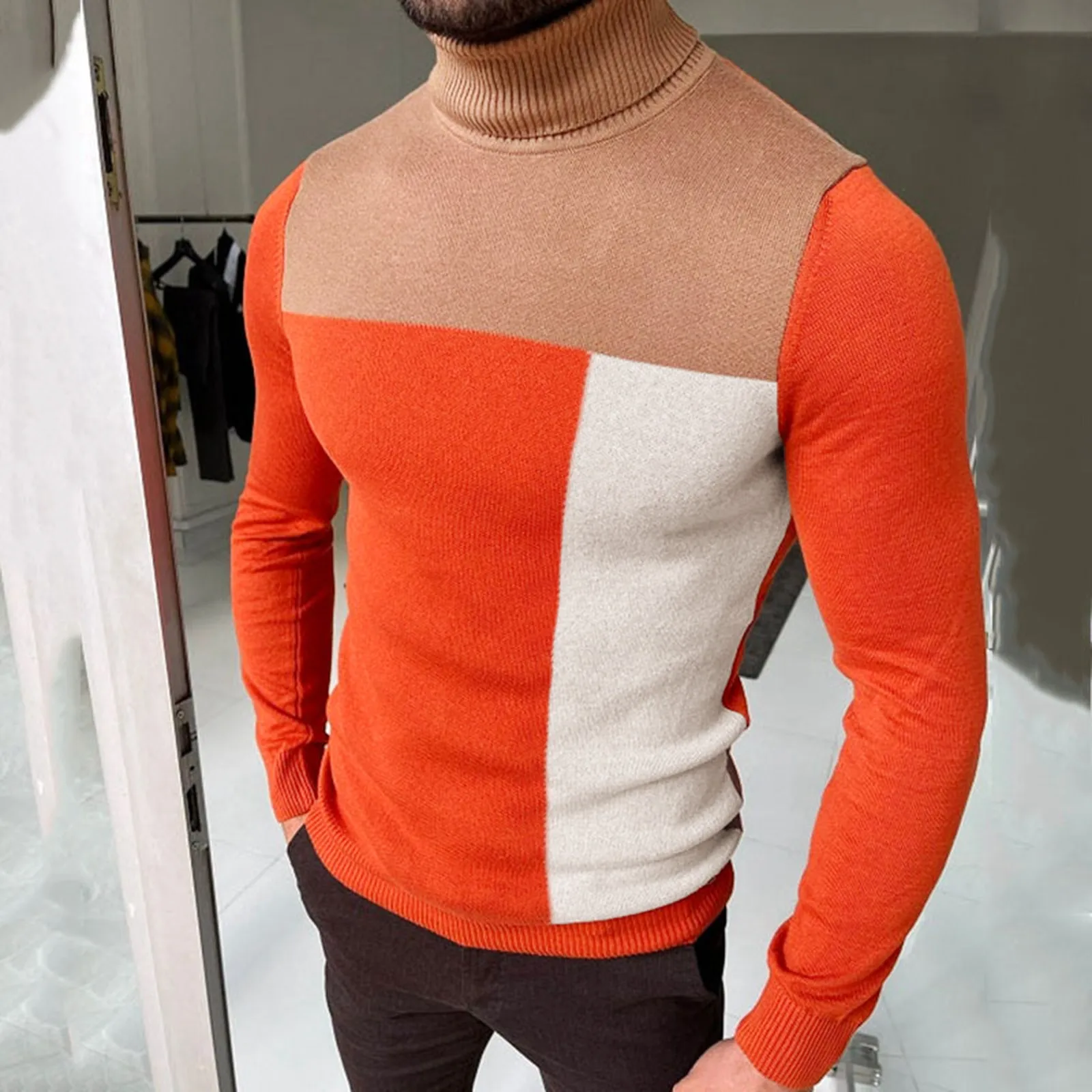 

New Winter Turtleneck Thick Mens Sweaters Casual Turtle Neck Splicing High Quality Warm Slim Sweaters Pullover Fashion Men