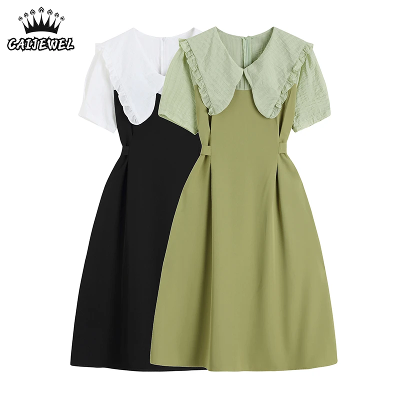 

Women's Clothing Dress Doll Collar Fake Two Patchwork Short Sleeve High Waist Casual Fashion Baggy Long Skirt Ladies Summer