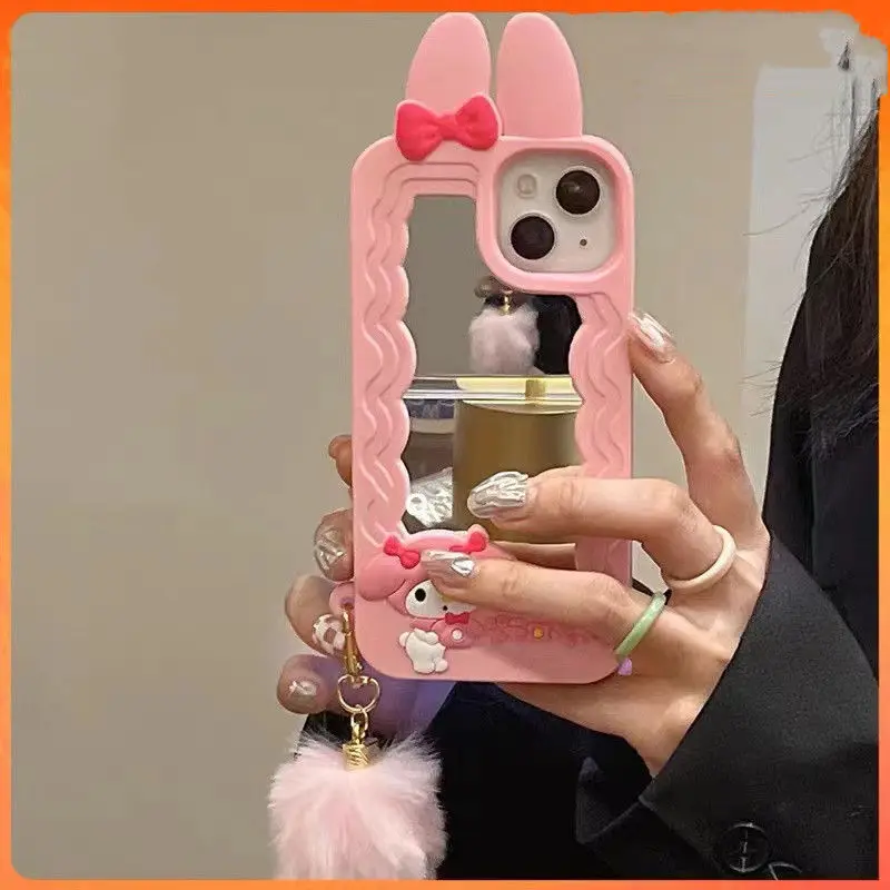 

Зеркальный чехол для Iphone13promax Apple 12 с подвеской в виде розового мелодии с пушистым шариком