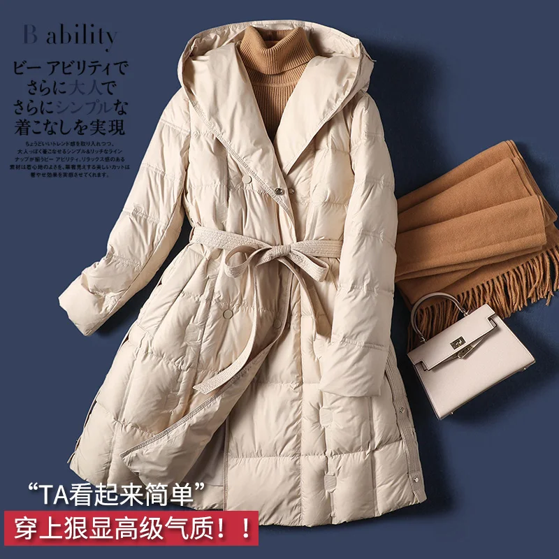 Fashion Design New Thin  Long  85%  White Duck Down Jacket Women  Luxury  Coats Women  Covered Button  Slim Hood