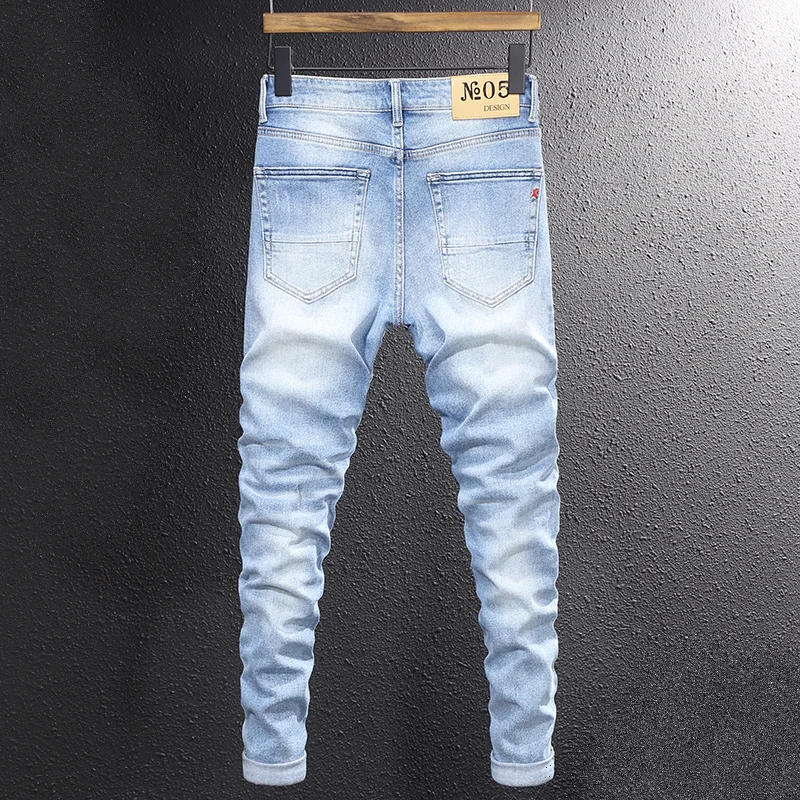Italian Style Fashion Men Jeans Retro Light Blue Slim Fit Patched Ripped Jeans Men Vintage Designer Stretch Denim Pants Hombre
