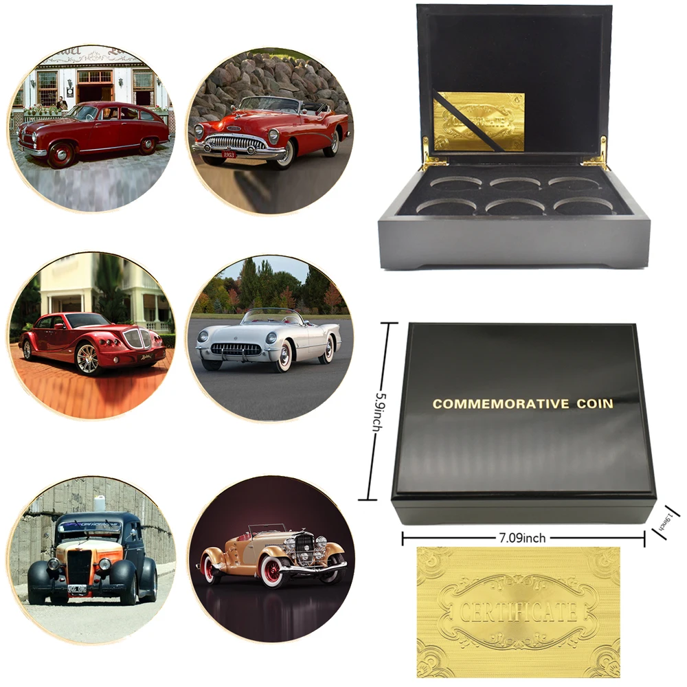 

Vintage Car Gold Plated Coin 6pcs/set with Box Classic Style Challenge Coin Collection of Car Lovers Holiday Gift Art Craft