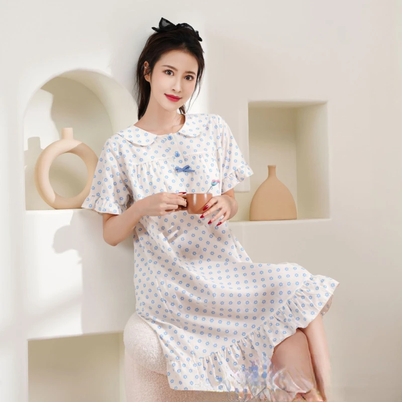 Pajamas for Women Summer New Style Home Service Round Neck Cotton Nightdress Can Be Worn Outside Comfortable and Soft Nightwear