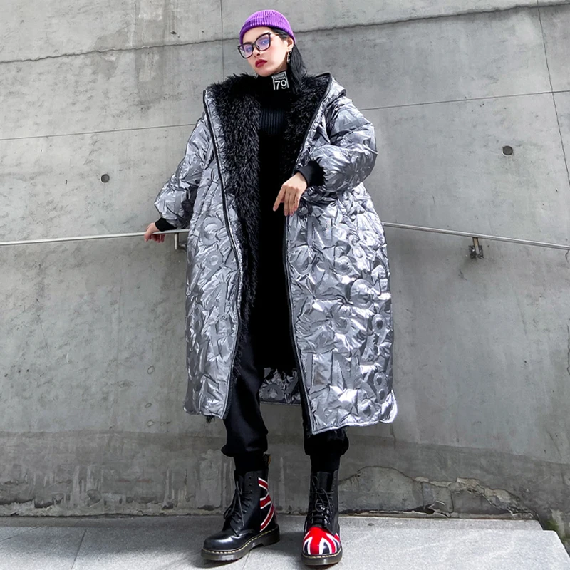 High Quality Hooded Big Size Letter Cotton-padded Coat Long Sleeve Loose Oversized Overcoat Women Parkas Fashion 2023 Winter New