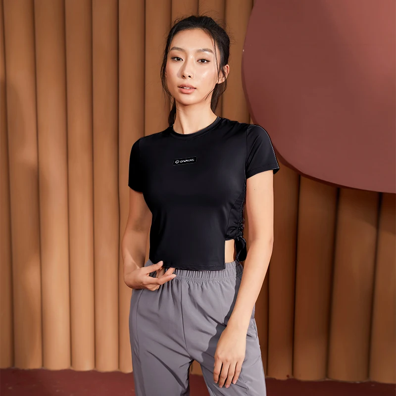 Yoga Lace Up Shirt Women Mesh Breathable Short Sleeve Crop Top Workout Fitness Tops Gym Clothes Sportswear Running T-shirts