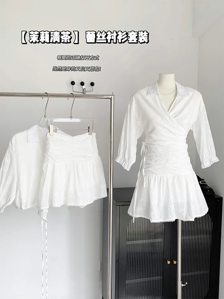 

Women Summer Mori Girl Lace Embroidery Outfits 2 Piece Set Crop Top Half Sleeve Shirt + Aesthetic A-line Design Skirt Shorts New