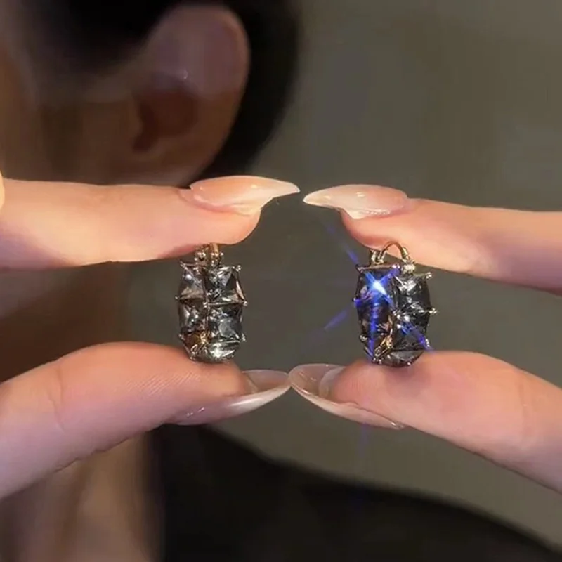 Блестящие черные квадратные серьги-кольца с кристаллами для женщин новинка 2024