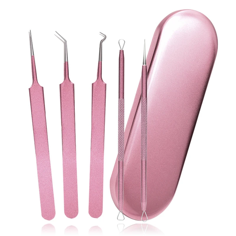 

5Pcs/lot Acne Needle Tweezers Blackhead Blemish Pimples Removal Pointed Bend Gib Head Face Care Tools Comedone Acne Extractor