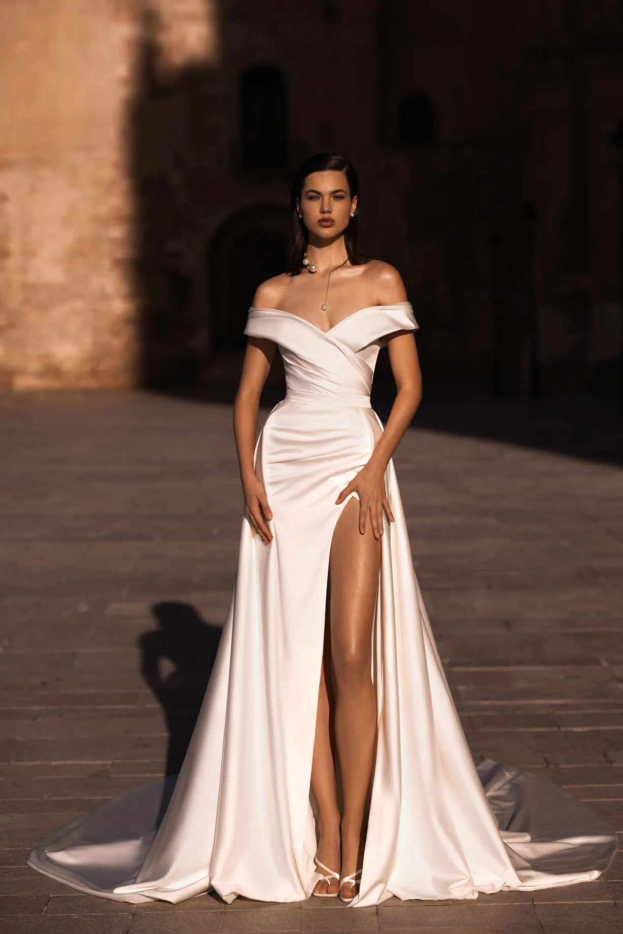 Фото Атласное свадебное платье Vestido De Noiva Sereia Cola Desmontable Vestidos Blancos Boda Civil Abiti Da Sposa Sartoriali Alta Costura №1