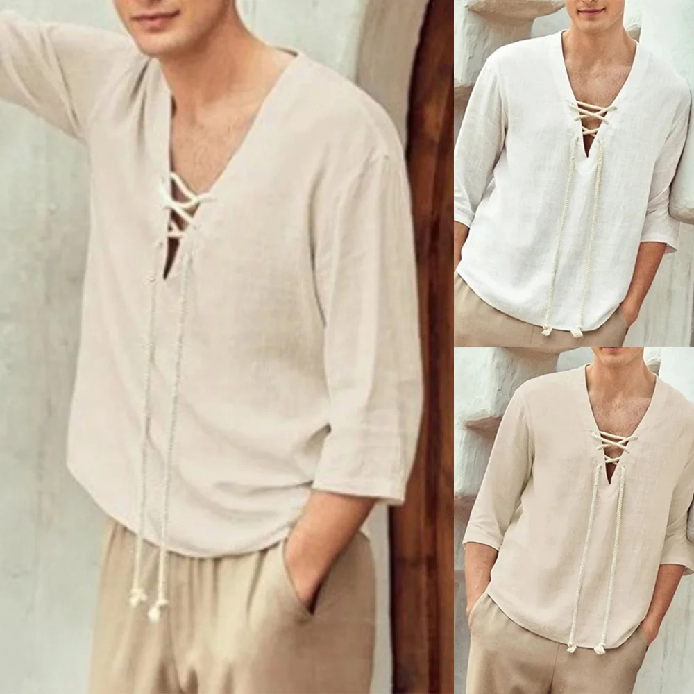 

Mens Cotton Linen T-Shirt Long Sleeve Casual Loose V Neck Lace Up Tops Tunic Solid Color Cool Tops Costume