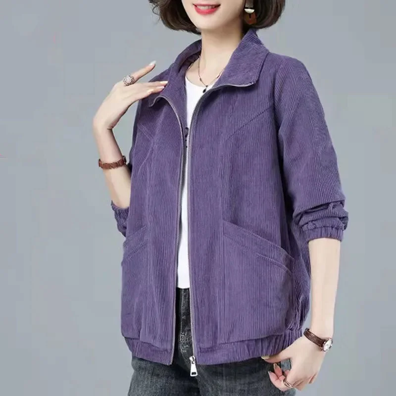 

Women Corduroy Jacket Spring Autumn Stand Collar Coat Middle-aged Mother Casual Short Windbreaker Female Lining Tops 4XL