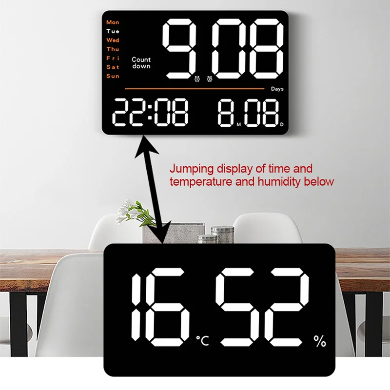 

Rectangle LED Oversize Screen Alarm Clock Temperature Humidity Week Date Digital Display Wall Clock Days Countdown Timing Clocks