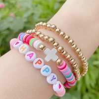 boho colorful polymer clay bracelet set for women adjustable elastic soft pottery bracelet happy letters cross beach jewelry