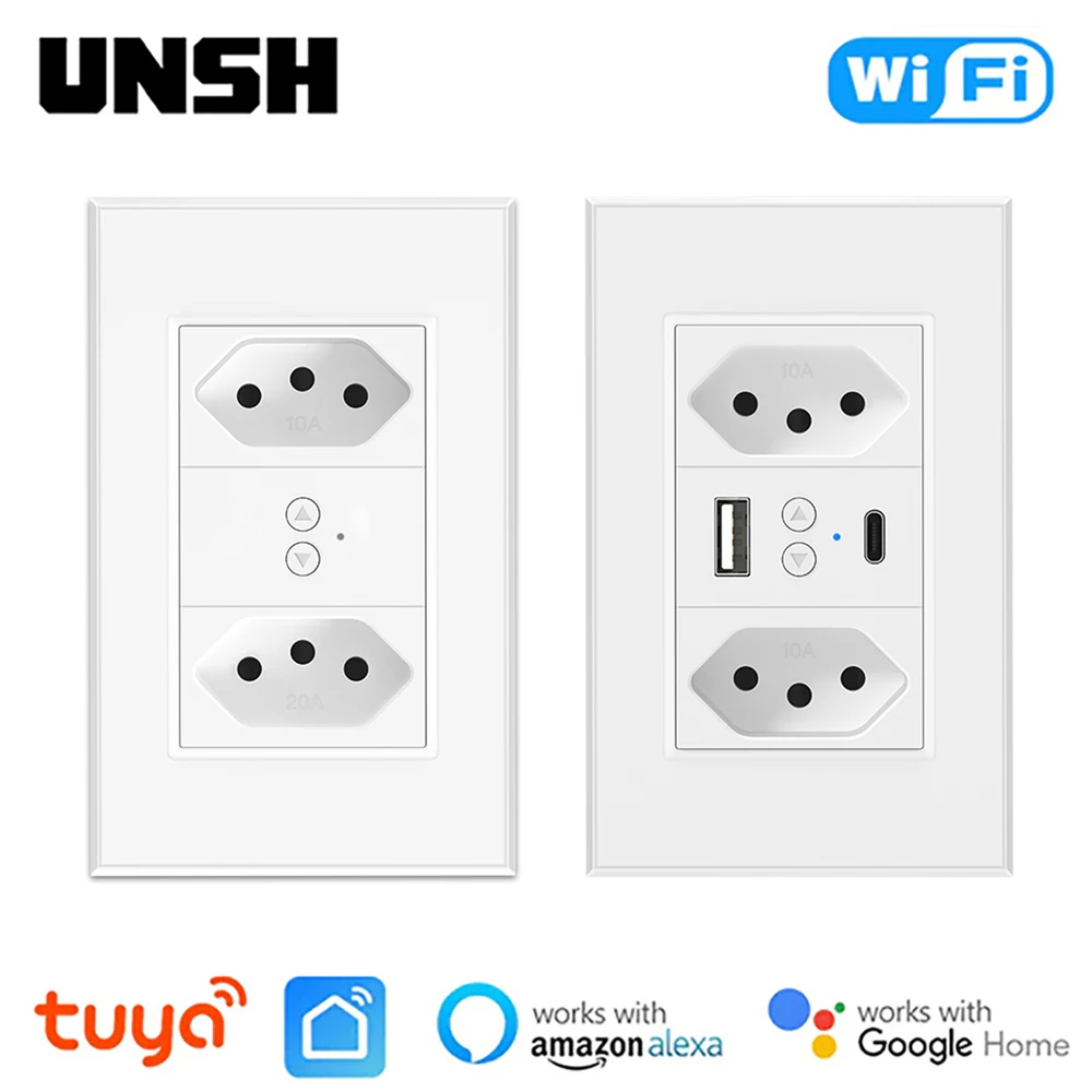 

Tuya WiFi Smart Brazil Wall Socket with USB and Type C Port Individual Control Outlets 10A 20A Plug Works with Google Home Alexa