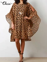 celmia women bat sleeve robes sexy 2022 summer mini dress casual loose hollow out sundress leopard print fashion o neck vestidos
