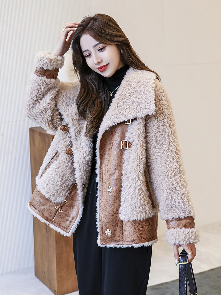 

Winter Wool Sheep Sheared Fleece Coat Women's Fur One Piece Coat Young Style