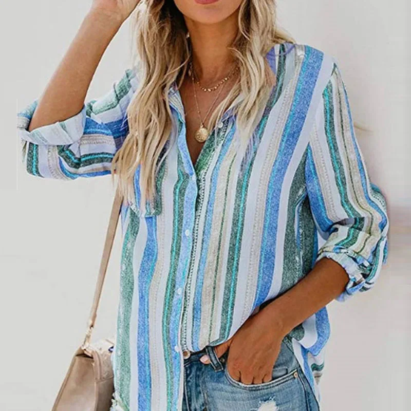 

2022 Fashion Colorful Striped Print Lapel Shirt Cardigan Fall Casual Loose Blouse Office Elegant Single Breasted Chic Blouse