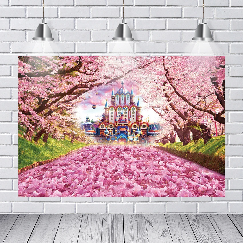 

Photography Backdrops Fantasy Fairy Pink Castle Cherry Blossoms Tree Rainbow Butterfly Children Kids Photo Studio Background