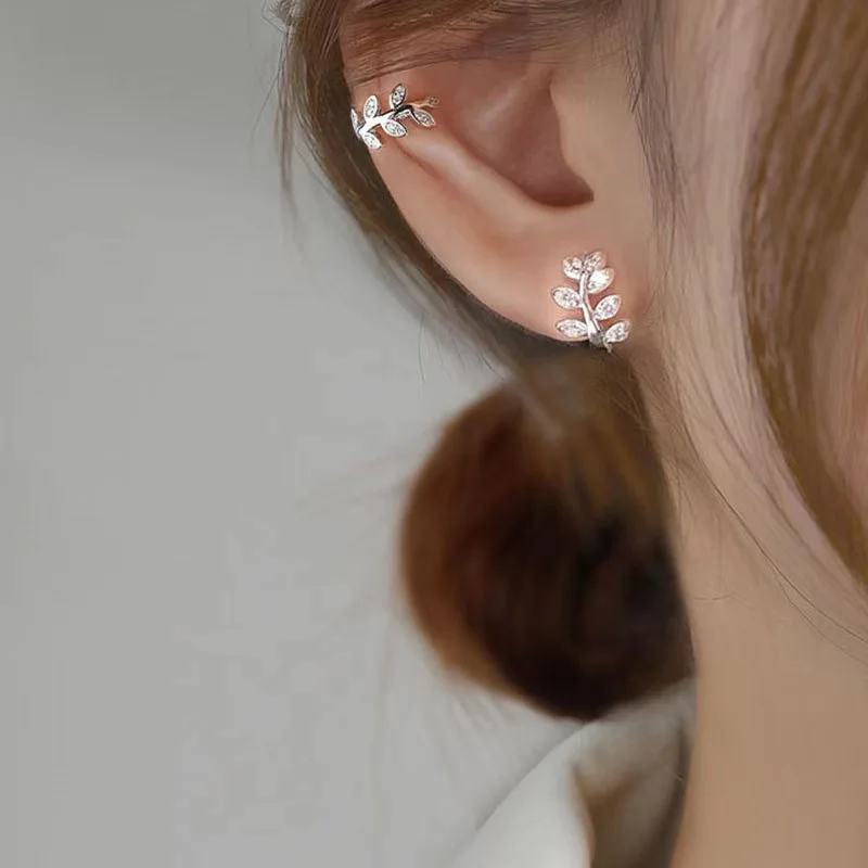 

Korean Diamond Inlaid Simple Leaf Ear Bone Clip No Ear Hole Ear Clip Adjustable Earrings Super Fairy Design Earrings