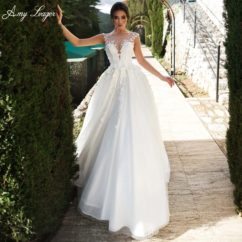 

AmyLvager Luxury Beading Appliques A-Line Wedding Dress 2023 Romantic Scoop Neck Buttons Princess Bridal Gown Vestido De Noiva