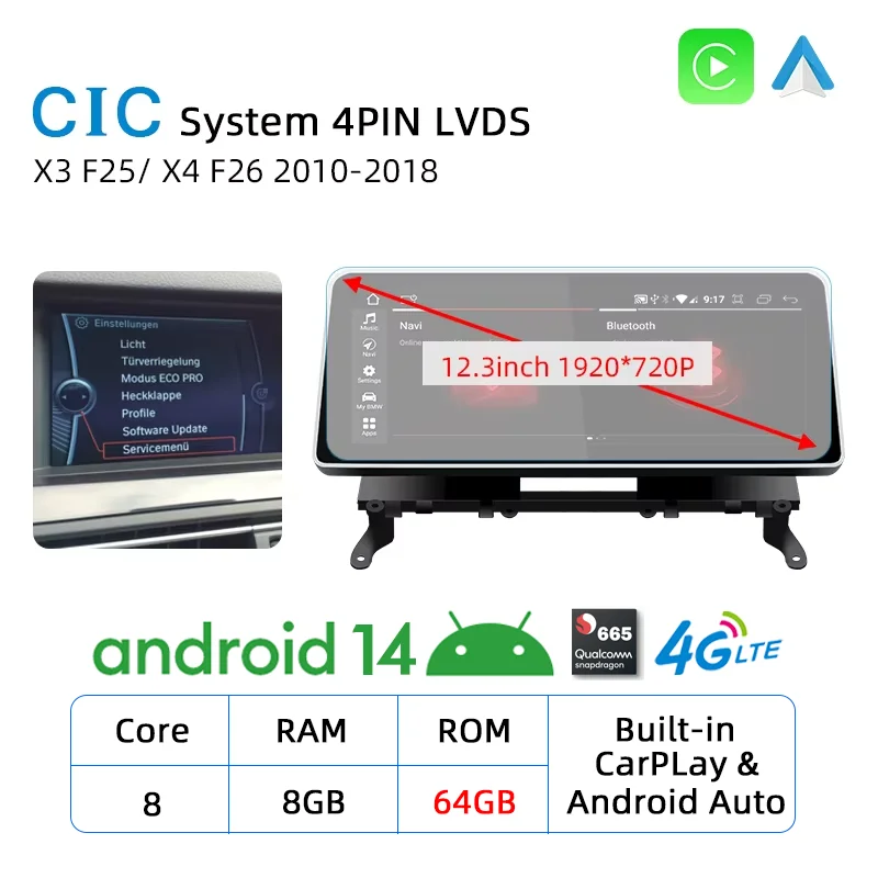 

Android 14 8 + 128 ГБ CarPlay для BMW X3 F25 X4 F26 2010-2018 GPS Автомобильный мультимедийный плеер Навигация Авто Радио Стерео DSP WiFi